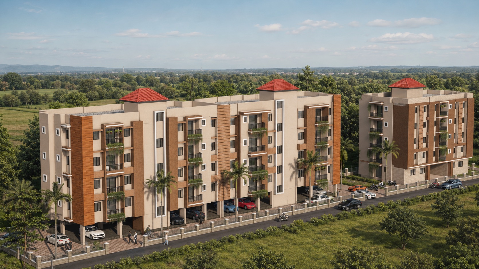 Aerial green neighbourhood render of Shri Bishnu