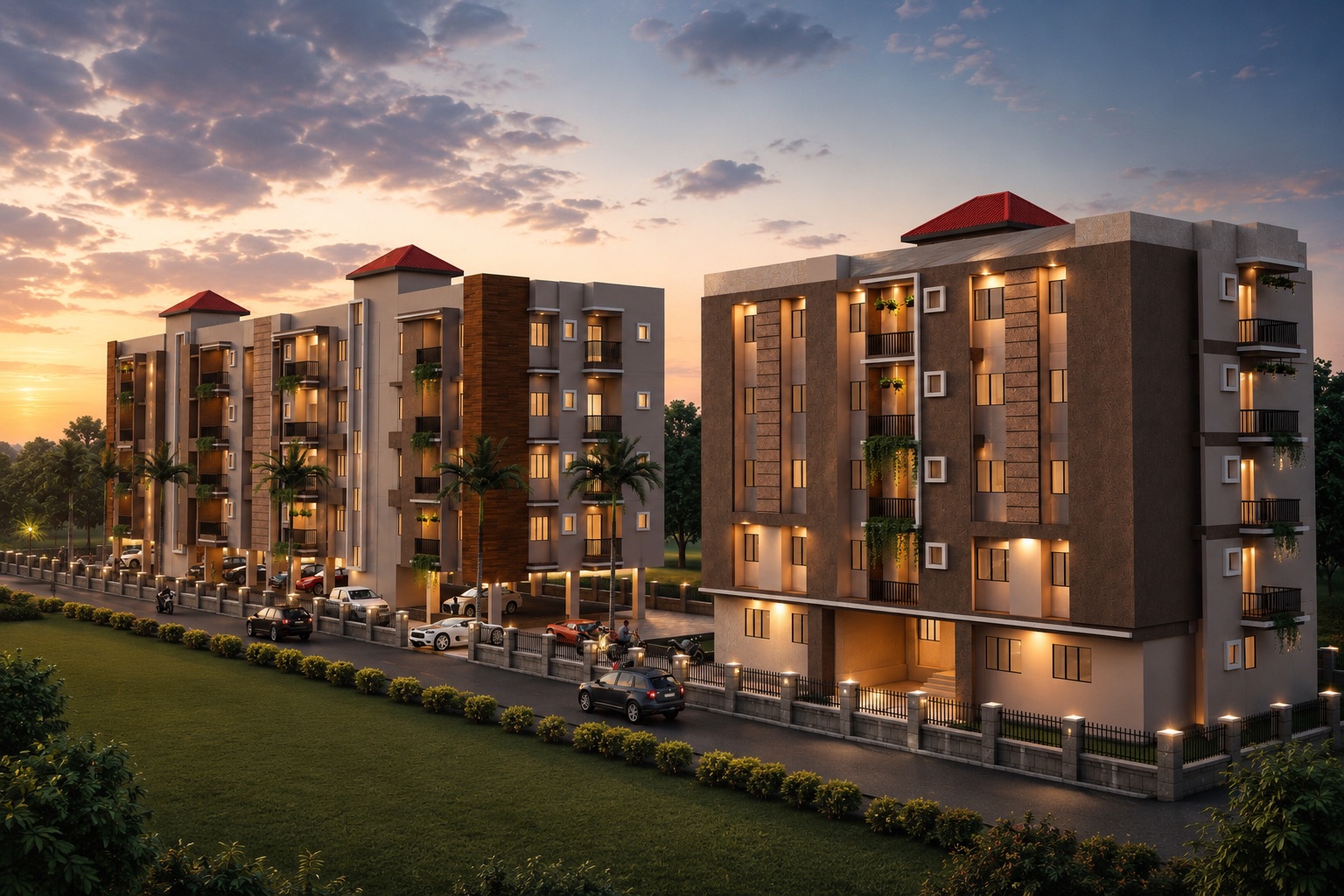 Evening street view render of Shri Bishnu