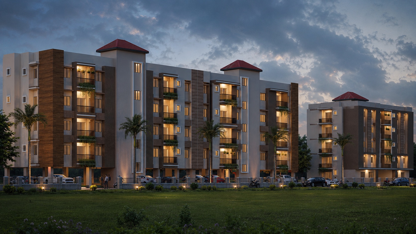 Twilight frontage render of Shri Bishnu